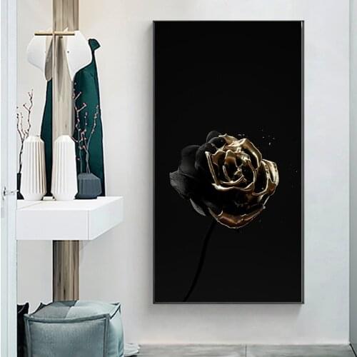Modern Black Gold Abstract Skull Flower Modern Canvas Painting Posters and Prints Wall Art Picture for Living Room Cuadros