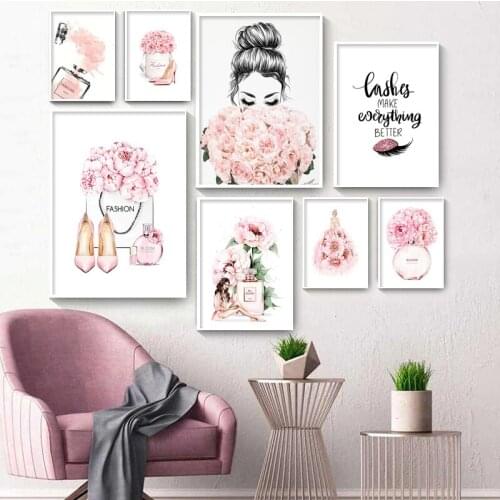 Pink Sweet Flower Picture Fashion Makeup Art Poster Home Decoration Modern Wall Art Canvas Painting Interior Design Printmaking