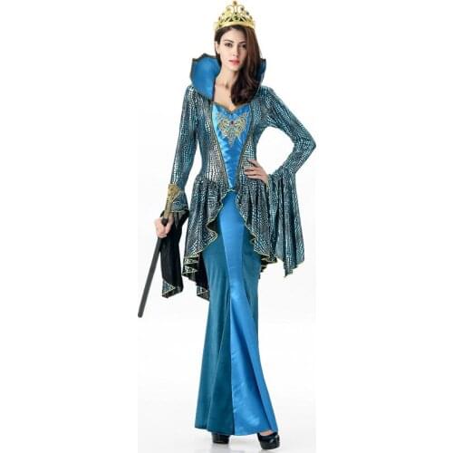 Halloween Costumes For Women Blue Snake Print Long Dress Anime Cosplay Queen Vampire Princess Carnaval Masquerade Party Dress Up