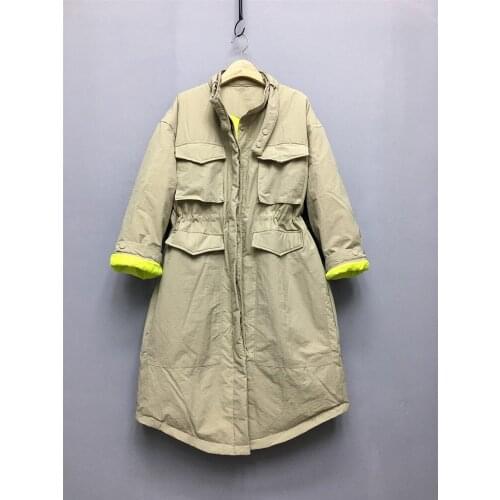 New 2020 down jacket for women large size lengthened knee-length color contrast multi-pocket standup female coats