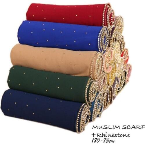 Luxruy Rhinestone Zip Mulsim Hijab Womens Scarf Premium Chiffon Long Shawl Headscarf Wrap Plain Color High quality 180x75cm