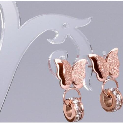 Wholesale Fashion Jewelry Rose Gold Frosted Butterfly Earrings Hanging Crystal Titanium Steel Woman Earrings For Women Party Gif