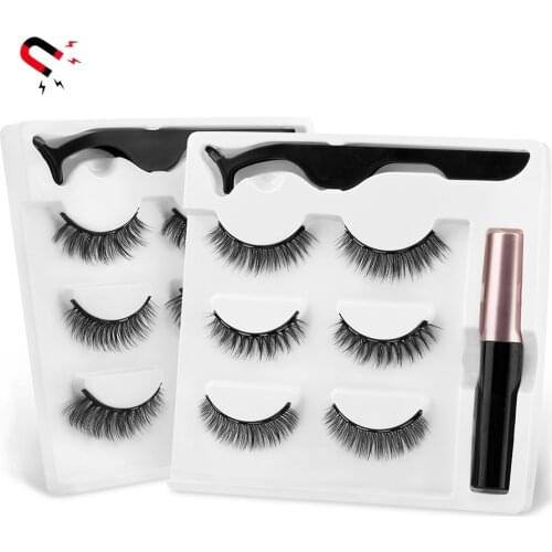 3 Pairs Magnetic Eyelashes Natural Long Magnetic Eyeliner & Magnetic False Eyelashes & Tweezer Set Make Up Set Eyelash Extension