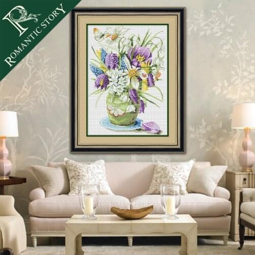 Romantic Story Classic Pretty Vase Flowrer 11CT DMC Cross Stitch Needlework DIY Printing Cross-Stitch Set For Embroidery Kits