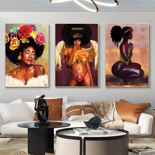 Sexy Body African Woman Canvas Painting Flower Wings Girl Poster and Prints Wall Art Pictures Home Decoration Interior Cuadros
