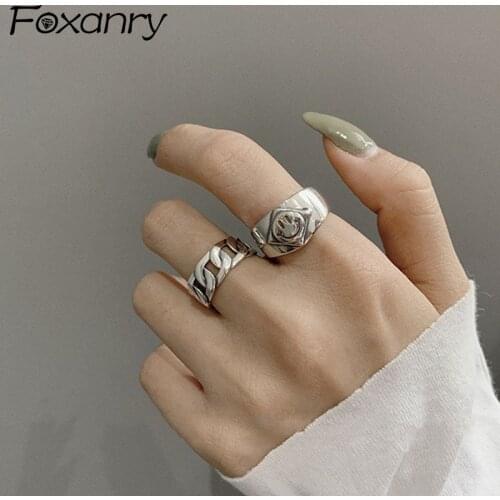 Foxanry 925 Sterling Silver Wide Rings New Trendy Hip Hop Vintage Simple Hollow Chain Girl Party Jewelry Couples Accessories