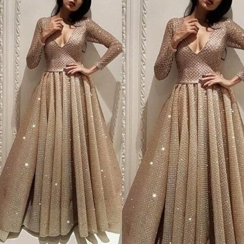SuperKimJo Vestidos De Graduacion Sparkly Champagne Prom Dresses Vintage Deep V Neck Arabic Elegant Cheap Prom Gown Gala Jurken