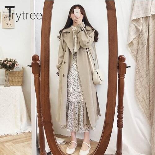 Trytree Autumn Winter Woman Trench Coat Casual Turn-down Collar Doulble Breasted Belt Long Jacket Office Womens windbreakers