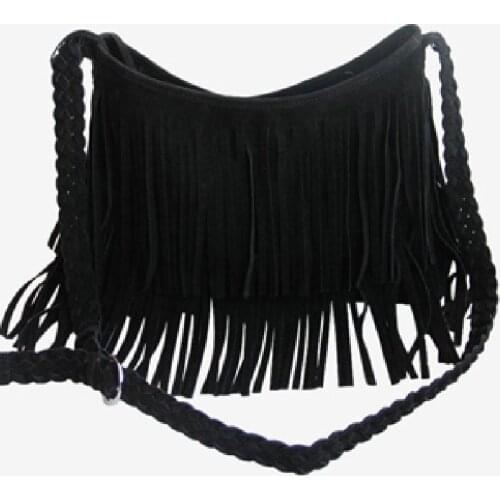 Womens Fringed Leather Shoulder Bag with Adjustable Knitting Strap Soft Ethnic Style PU Messenger Bag Solid Color New