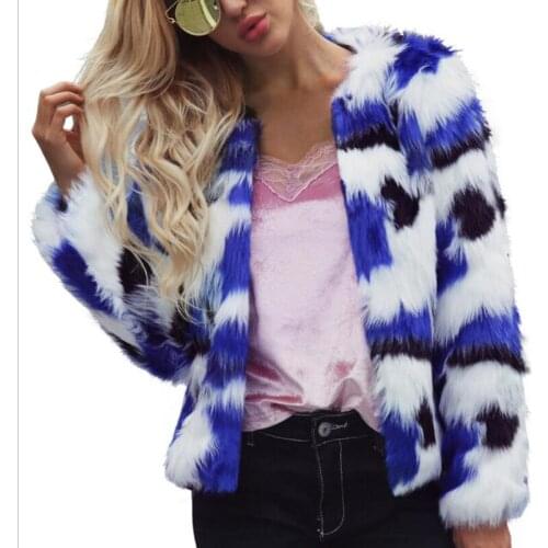 Winter woman Ladies fashion autumn Black blue and white artificial fur coat Ladies Warm Faux Fur Gradient Color Parka outerwear