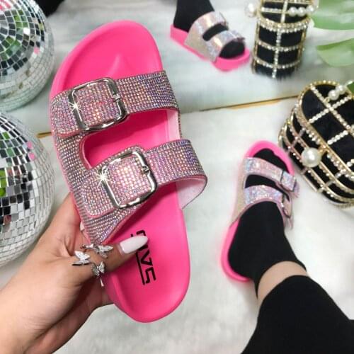 Rhinestone Womens Shoes Outside Casual Slippers 2021 Fashion Colorful Buckle Bling Female Flat Sandals Summer Ladies Slides