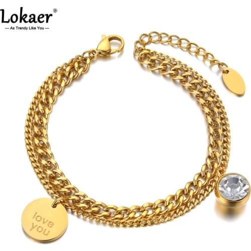 Lokaer Trendy Double Layer Stainless Steel Love You Tag & CZ Crystal Charm Bracelets For Women Bohemia Chain Link Jewelry B21066