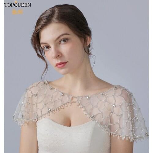 TOPQUEEN G14 Bride Jacket Short Jackets for Evening Dresses Pearls Bead Cape on the Shoulders Bridal Jacket Top with Rhinestones