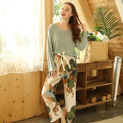 Womens Summer Two-piece Printing Home Suit for Spring Thin Long-sleeved Viscose Cotton Pants Pajamas Women Summer Cotton Suit