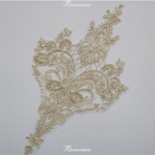 2Pcs Clear Sequins Champagne Gold Lace Appliques Flower Sewing Trims Wedding Decoration 20X36.5cm SX195