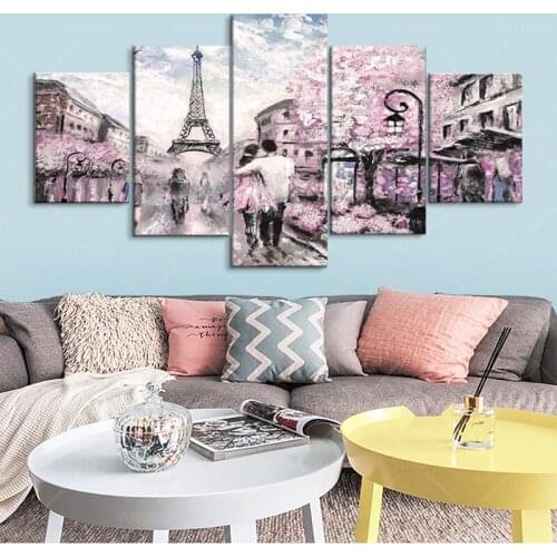 5 Panels The Couple Walking in The Rain Eiffel Tower Romantic Paris Wall Decor for Bedroom framed Canvas Painting Wall Art for L