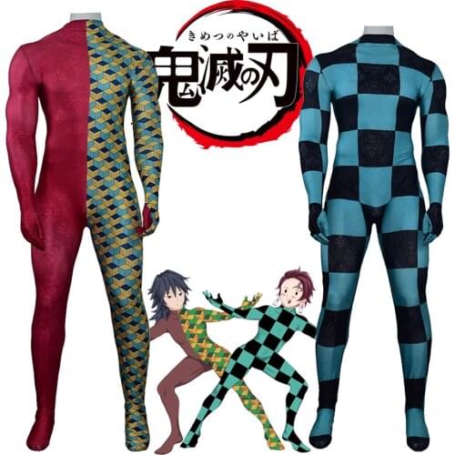 Anime Demon Slayer Kimetsu no Yaiba Cosplay Costume Kamado Tanjirou Adults Kids Zentai Unisex Fullbody Bodysuit