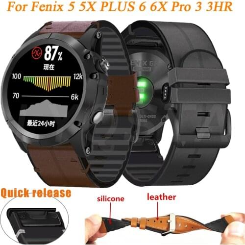 For Garmin Fenix 6 6X Pro 5 5X Plus 3/3HR Wristband Quick Fit 26 22mm Silicagel Leather Watch Strap Forerunner 935/945 Bracelet
