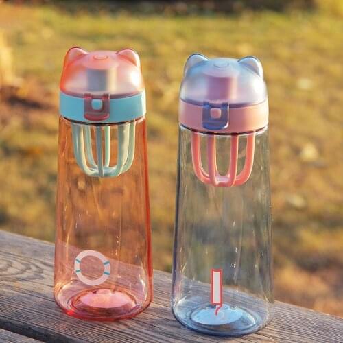 Water bottle cute creative cat design stirring transparent plastic cup large capacity outdoor sports fitness light carrying belt