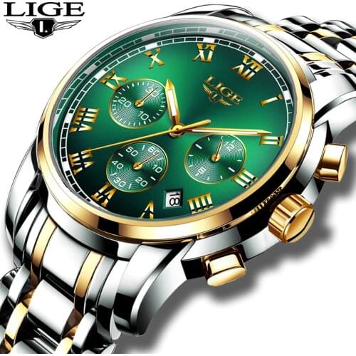 Watches Mens 2019 LIGE Top Brand Luxury Green Fashion Chronograph Male Sport Waterproof All Steel Quartz Clock Relogio Masculino