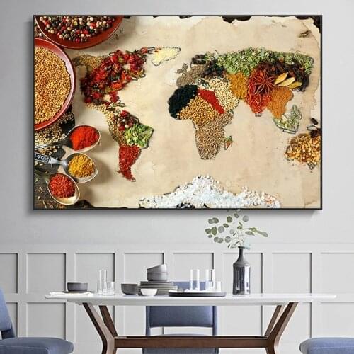 Canvas Painting Grains Spices Spoon Map Wall Art Poster and Prints Seasoning Food Pictures for Living Room Home Decor Cuadros