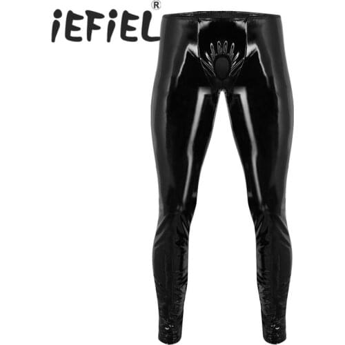 IEFiEL Fashion Sexy Mens Lingerie Shiny Patent Leather Tight Pants Leggings Trousers with Open Penis Hole for Clubwear Clothes