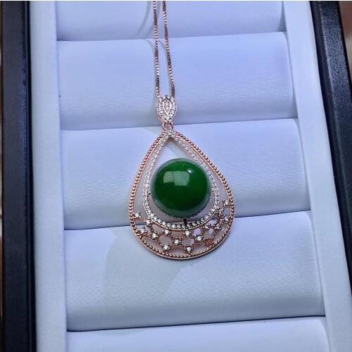 Graceful green Jade necklace for women silver jewelry real 925 silver round natural jade water drop girl party gift