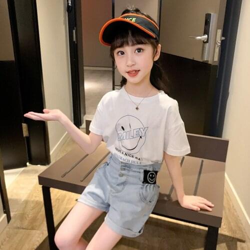 GirlS Suit 2020 New Style Fashion Big Boy Short Sleeve Summer Wear Children Western Style T-shirt Denim Shorts Two-Piece Set