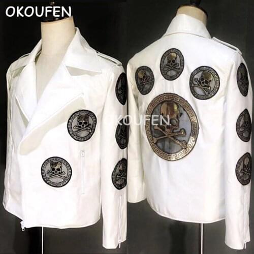 Mens New Cool Punk Skull Motorcycle White Leather Jacket Costumes Nightclub DJ DS bar Male singer Stage show Performance coat