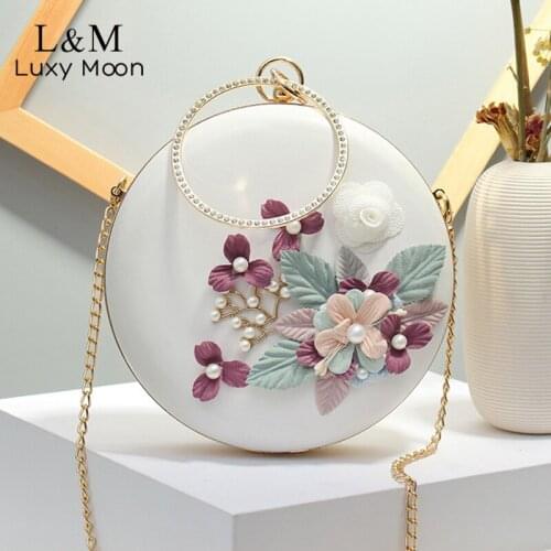 Round Clutch Purse Bag For Women Floral Pearl Luxury Designer Handbag Diamond Small Elegant Ladies Wedding Evening Bag Sac X607H