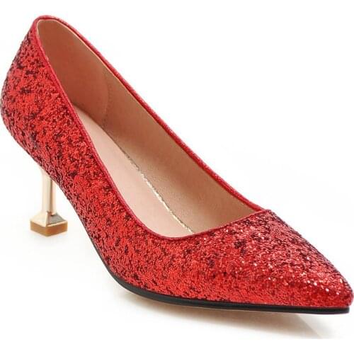 Fashion sequins wedding shoe 19 years spring new high heel cat with 40-43 shallow mouth pointed single woman shoes