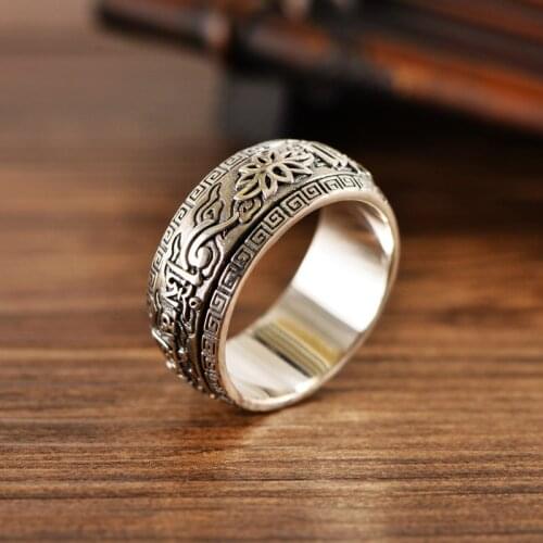 MeibaPJ Real S925 Sterling Silver Retro Thai Silver Sanskrit Transfer Mens Rotatable Personality Ring Exquisite Party Jewelry