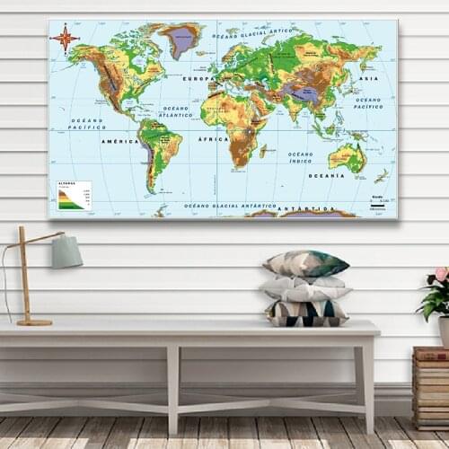 150*100cm In Spanish The World Orographic and Elevation Map Non-woven Canvas Painting Wall Art Poster Home Office Decoration