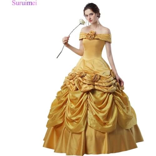 Latest Design Ball Gown Prom Dresses Handmade Flowers Pleated Gold Taffeta Girls Graduation Dresses 18 Years Prom Gown