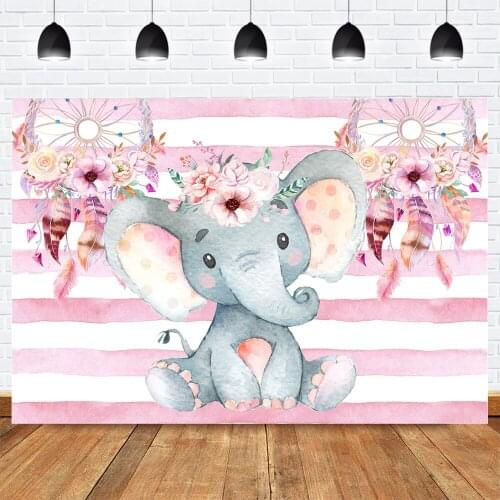 Pink Floral Cute Elephant Photography Backdrop Princess Girl Birthday Party Cake Table Background Stripes Baby Birthday Photocal