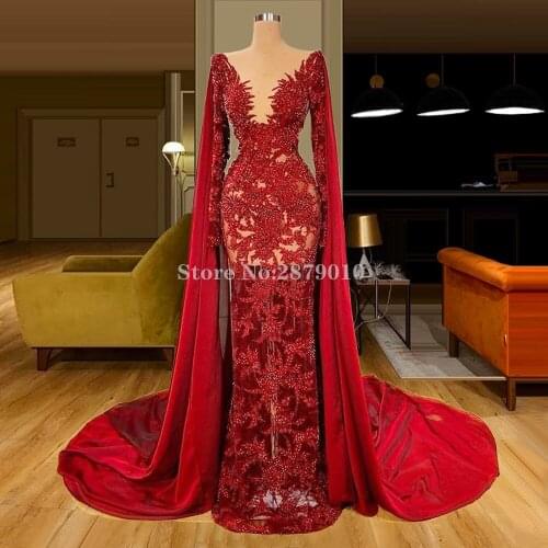 Sparkly Red Evening Dress Sheath Celebrity Dress Floor-length Beaded Prom Dress Robe De Soiree Aibye Vestido de festa 2020 Dubai
