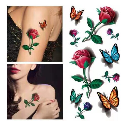 Temporary Tattoos Sticker for Women Body Art Tattoo Sticker Butterfly 3D Rose Flower Feather Tattoo Waterproof Halloween Gift