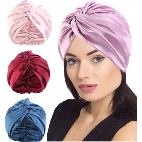 Women Stretchy Twist Turban Hat silky Head Wrap Hijab Cap Ladies Chemo Cap Muslim Hats Bonnet Beanie Breathable Hair Accessories