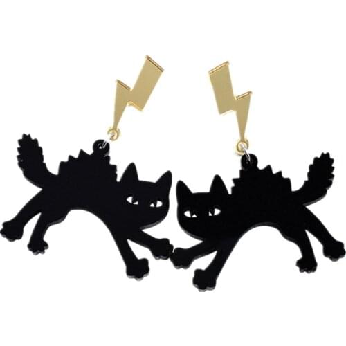 Punk Gold Color Lightning Black Cat Acrylic Drop Earrings for Women Girls Funny Animal Long Lightning Dangle Earrings Jewelry