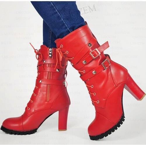 LAIGZEM Women Calf Boots Studded Round Toe Side Zip Up 9CM Thick Heels Punk Comfortable Ladies Shoes Woman Big Size 41 44 45 47