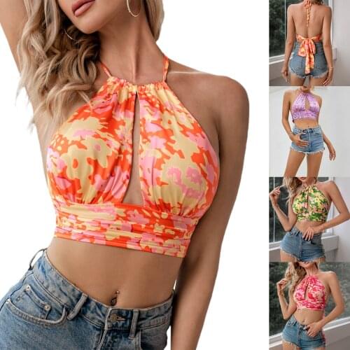 Backless Floral Print Cutout Camisole Womens Halter Crop Tops Female Sexy Sleeveless Streetwear Cross Over Camis Top