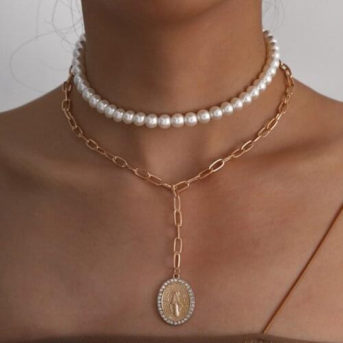 Women Fashion Imitation Pearls Chain Necklace Temperament Portrait Pendant Clavicle Necklace Party Jewelry Accessories