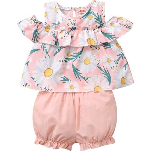 2021-02-24 lioraitiin 0-24M Newborn Kids Girl Floral Tops Shorts Suit Decorative Ruffle Off Shoulder Shirt Summer Pants