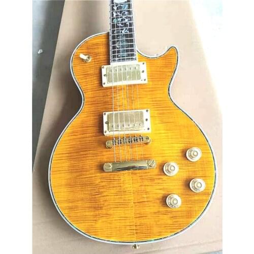 2021 Top quality FP-3113 Yellow color solid body maple flame top ebony fretboard Abalone pearl flower inlay LP electric guitar