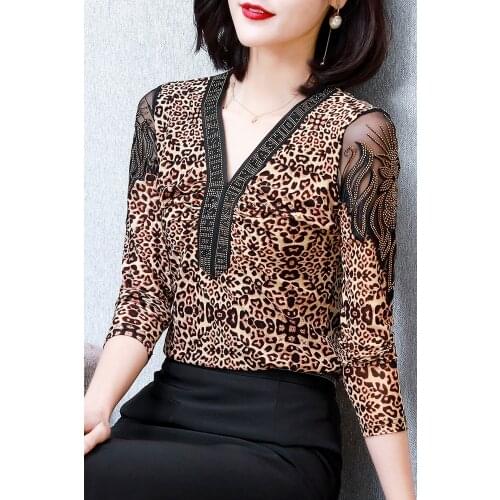2021 Sexy Leopard printing Mesh Long Sleeve T Shirt Women summer Transparent Club Party Tee Shirts Sexy Thin V Neck Tops