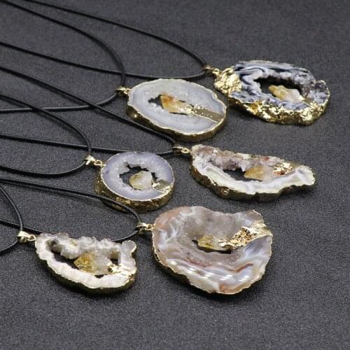 30-60mm Natural Agate Stone Necklace With Leather Cord The Original Stone Hollow Hole Sectio Yellow Teeth Gold Mine Loader Edge