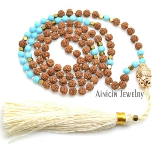 5pcs Handmade 6mm Rudraksha 34'' Chain Necklace Rose Gold Color Gunyin Buddha Head Pendant 10cm Long Tassel Women Jewelry