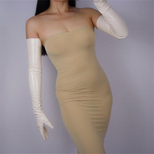 70cm Extra Long Gloves Long Style Opera Emulation Leather PU Female Long Gloves Bright Beige Cream Nude Color PU62-70