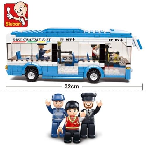 Sluban MOC DIY City Public Bus Single-Deck Car Model Set Mini Dolls Educational Building Blocks Toys for Children Birthday Gifts