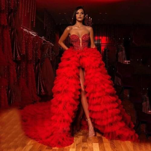Red Luxury Mesh Evening Dresses Ruffles Tiered High Low Custom Made Prom Gowns With Crystal Custom Made Vestidos